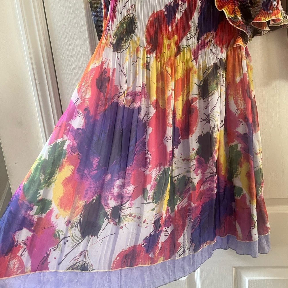 Colorful Floral Midi Dress with Ruffled Cardigan - Picture 4 of 7